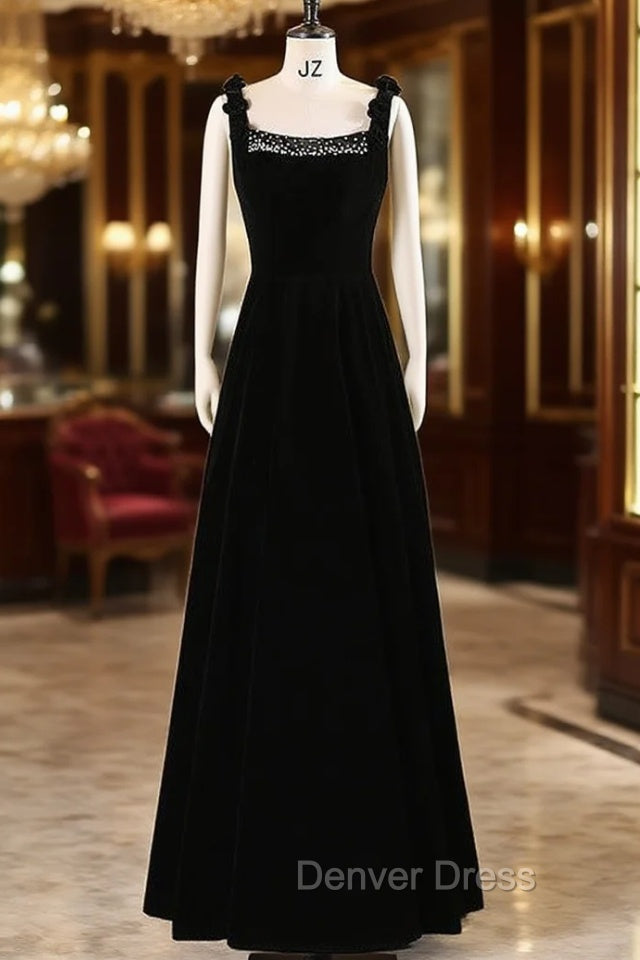 Black Velvet Straps Beading Prom Dresses