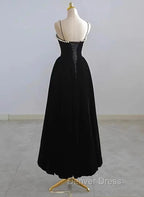 Black Velvet Straps Tea Length Prom Dress, Black Velvet Homecoming Dresses