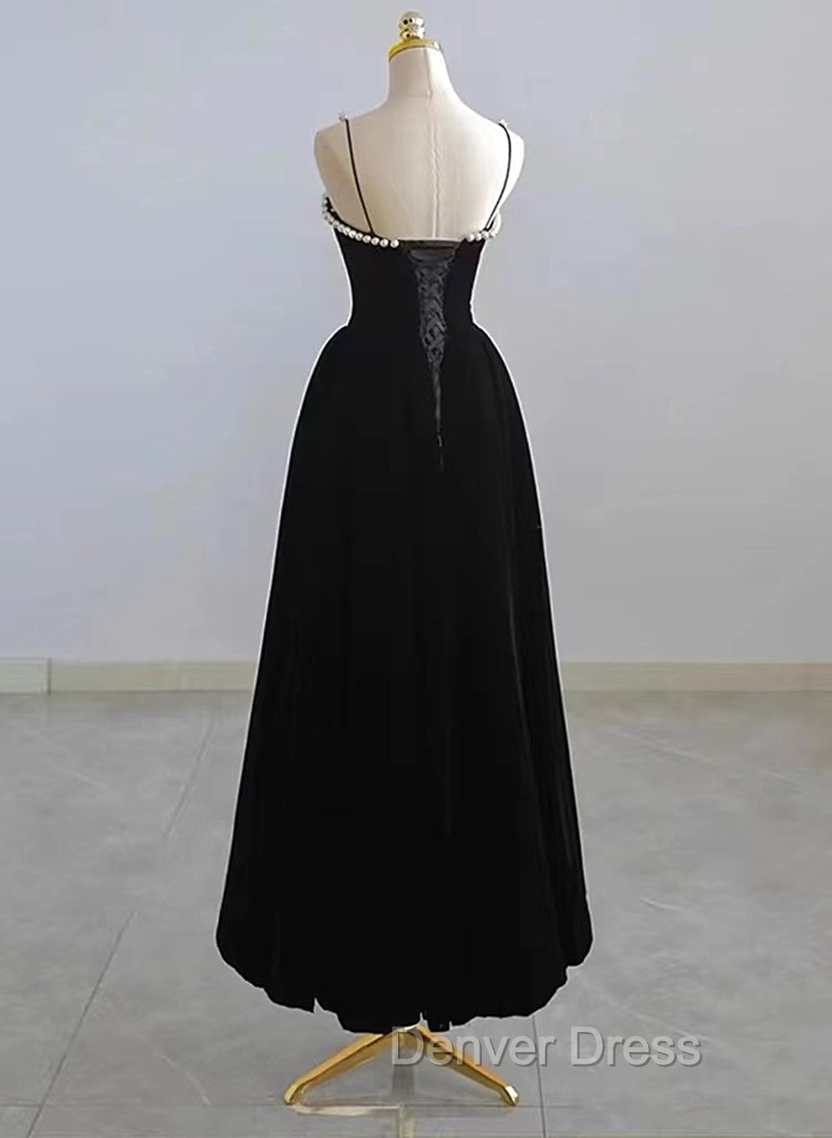 Black Velvet Straps Tea Length Prom Dress, Black Velvet Homecoming Dresses