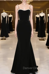 Black Velvet Straps Tea Length Party Dresses, Black Velvet Homecoming Dresses