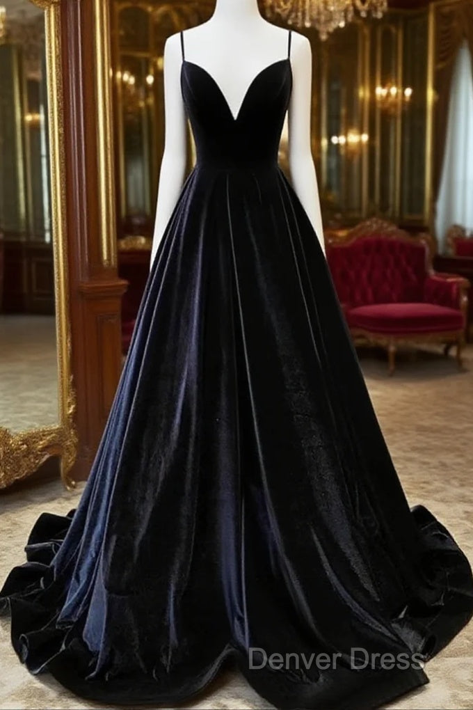 Black Velvet Straps V-Neckline Long Party Dresses, A-Line Velvet Prom Dresses Main image