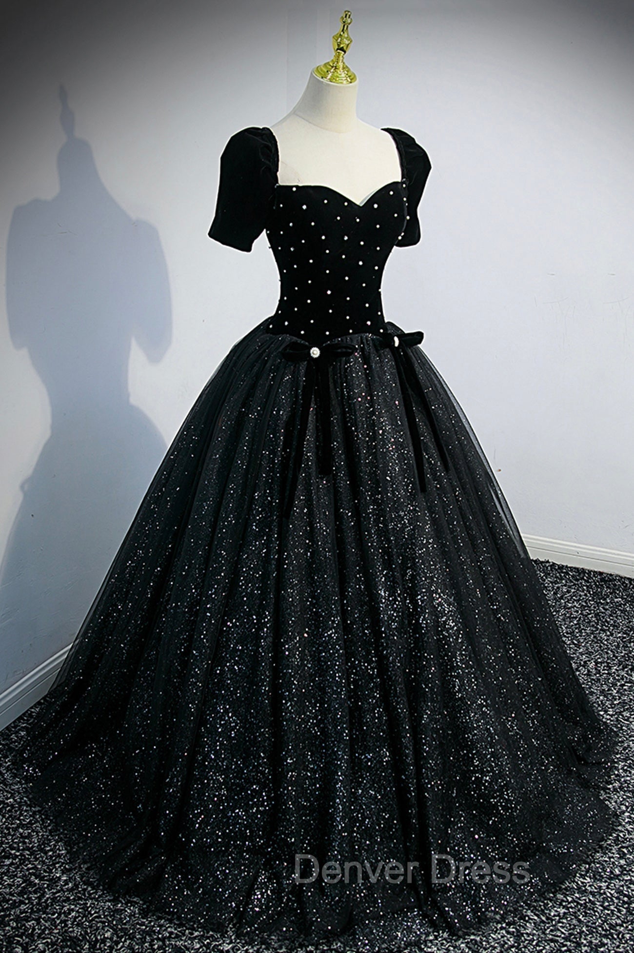 Black Velvet Tulle Long Ball Gown, Black A-Line Formal Evening Gown Main image