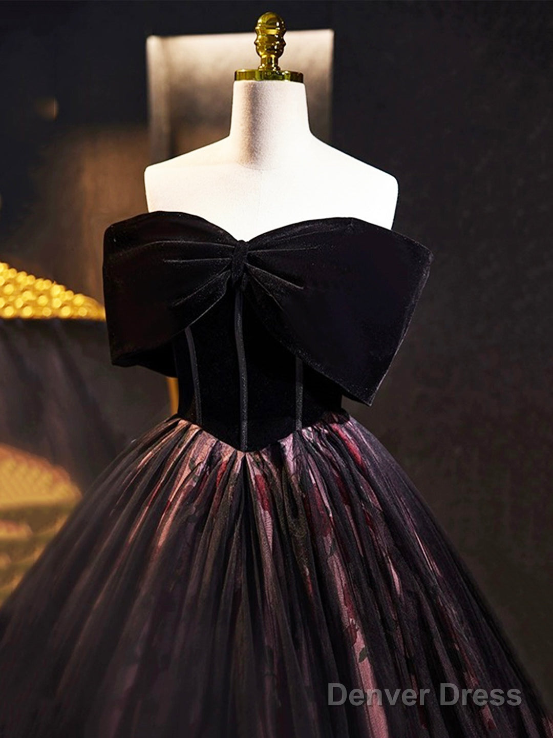 Black Velvet Tulle Long Prom Dress With Rose Print Pattern, Elegant Off The Shoulder Party Dress Secondary image