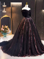 Black Velvet Tulle Long Prom Dress With Rose Print Pattern, Elegant Off The Shoulder Party Dress