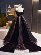 Black Velvet Tulle Long Prom Dress With Rose Print Pattern, Elegant Off The Shoulder Party Dress