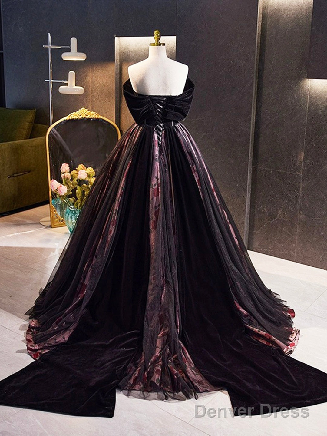Black Velvet Tulle Long Prom Dress With Rose Print Pattern, Elegant Off The Shoulder Party Dress