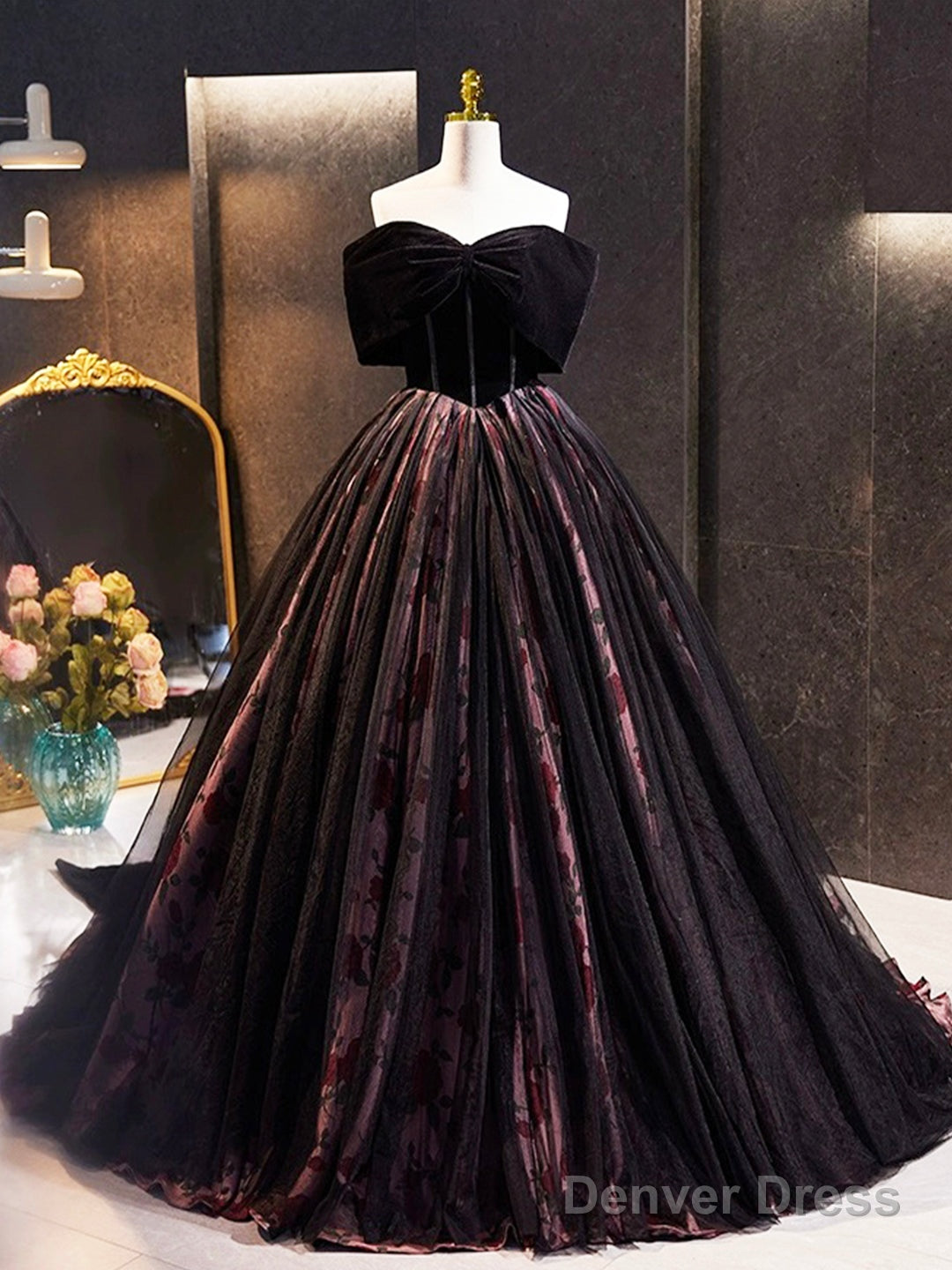 Black Velvet Tulle Long Prom Dress With Rose Print Pattern, Elegant Off The Shoulder Party Dress Main image
