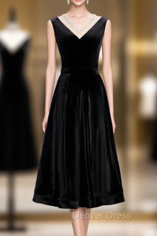 Black Velvet V-neck Short Sleeve Tea Length Prom Dresses