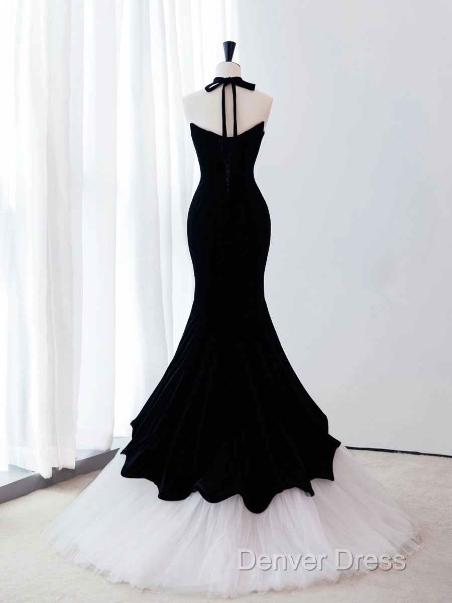 Black/White Velvet Mermaid Long Prom Dresses, Black Formal Evening Dresses Secondary image