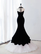 Black/White Velvet Mermaid Long Prom Dresses, Black Formal Evening Dresses