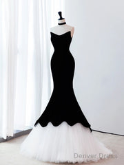 Black/White Velvet Mermaid Long Prom Dress, Black Formal Evening Dress
