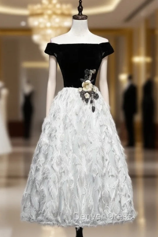 Black White Velvet Off the Shoulder Appliques Prom Dresses