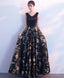 Black V Neck Floral Pattern Long Prom Dress