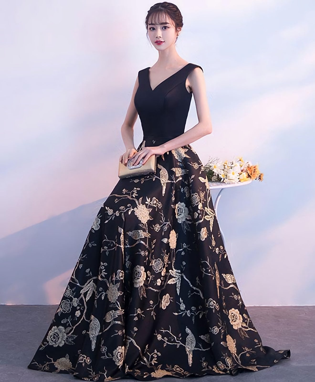 Black V Neck Floral Pattern Long Prom Dress