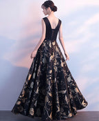 Black V Neck Floral Pattern Long Prom Dress