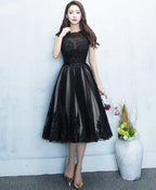 Black Round Neck Lace Tulle Short Prom Dress Black Prom Dresses