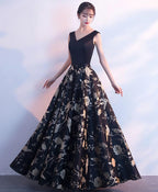 Black V Neck Floral Pattern Long Prom Dress