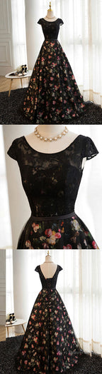 Black Lace Floral Patterns Long Prom Dress, Black Prom Dresses