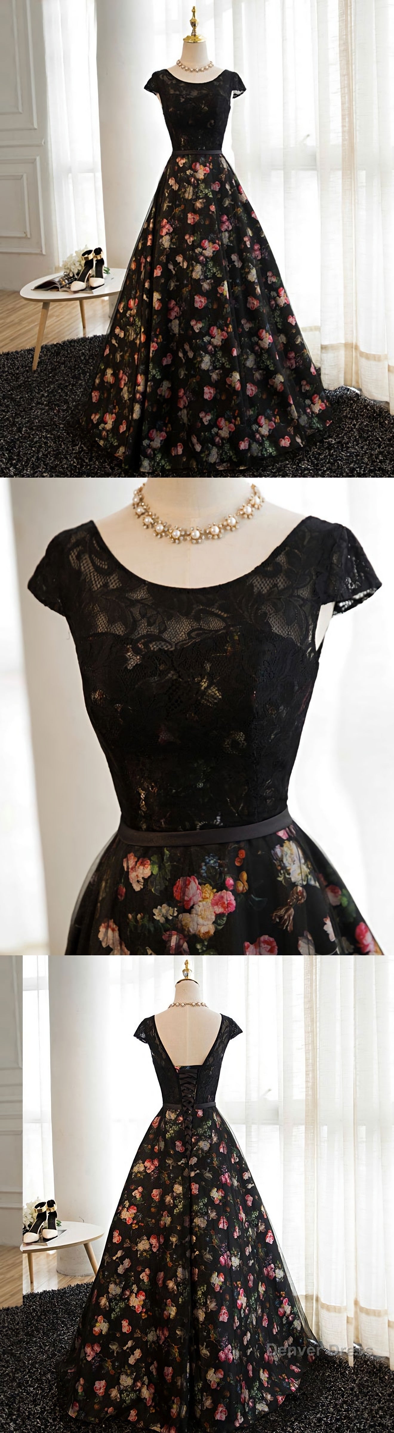 Black Lace Floral Patterns Long Prom Dress, Black Prom Dresses
