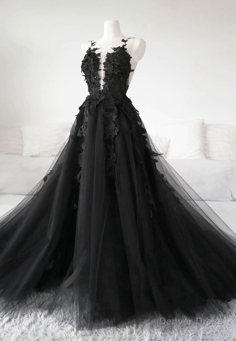 Black Tulle Lace Long Prom Dress, Black Formal Graduation Dress Main image