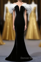 Black Velvet Mermaid Prom Dresses with Feather, Off the Shoulder Long Prom Gowns