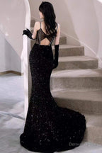 Black Mermaid Sequins Prom Dresses Spaghetti Straps Sleeveless Beading Prom Gowns