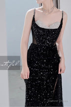Black Mermaid Sequins Prom Dresses Spaghetti Straps Sleeveless Beading Prom Gowns
