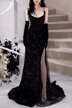 Black Mermaid Sequins Prom Dresses Spaghetti Straps Sleeveless Beading Prom Gowns