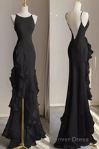 Simple Mermaid Prom Gowns With Ruffles, Spaghetti Straps Backless Dresses For Date