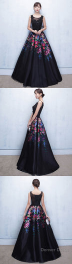 Black Floral Patterns Long Prom Dress Black Prom Dresses