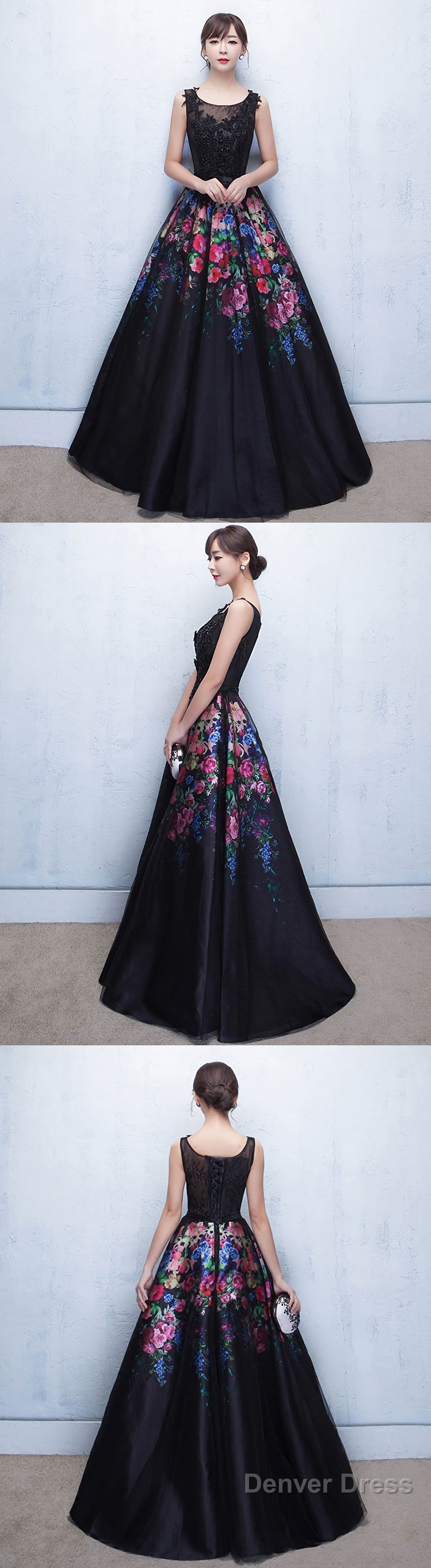 Black Floral Patterns Long Prom Dress Black Prom Dresses