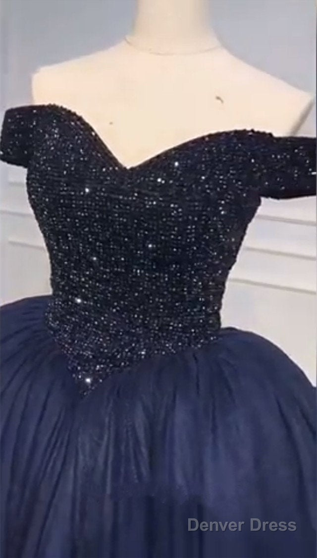 Bling Bling Crystal Beaded Bodice Corset Navy Blue Ball Gowns Wedding Dresses Off The Shoulder