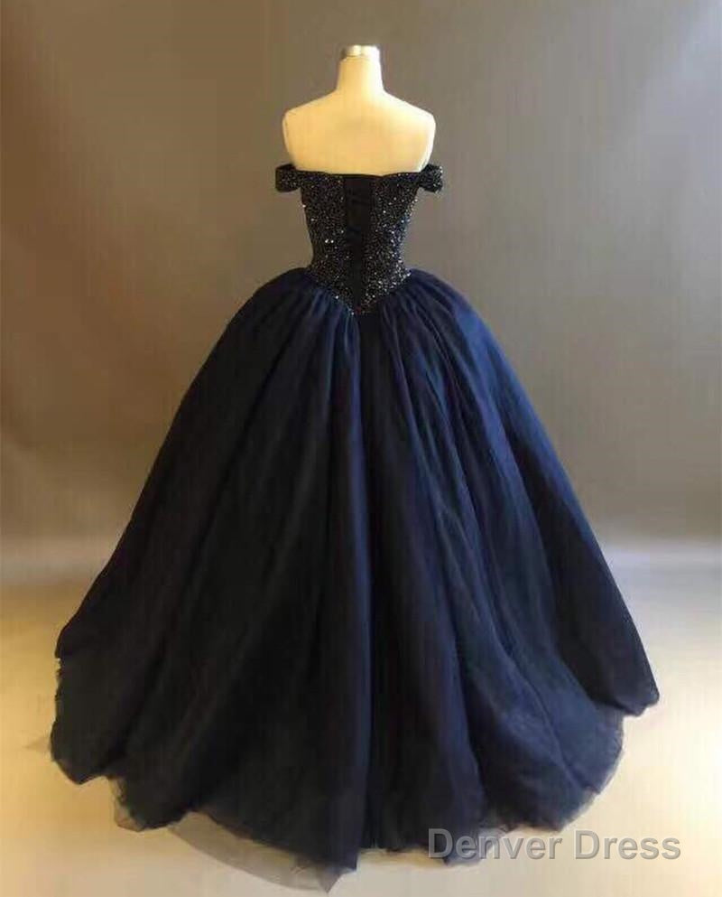 Bling Bling Crystal Beaded Bodice Corset Navy Blue Ball Gown Wedding Dresses Off The Shoulder