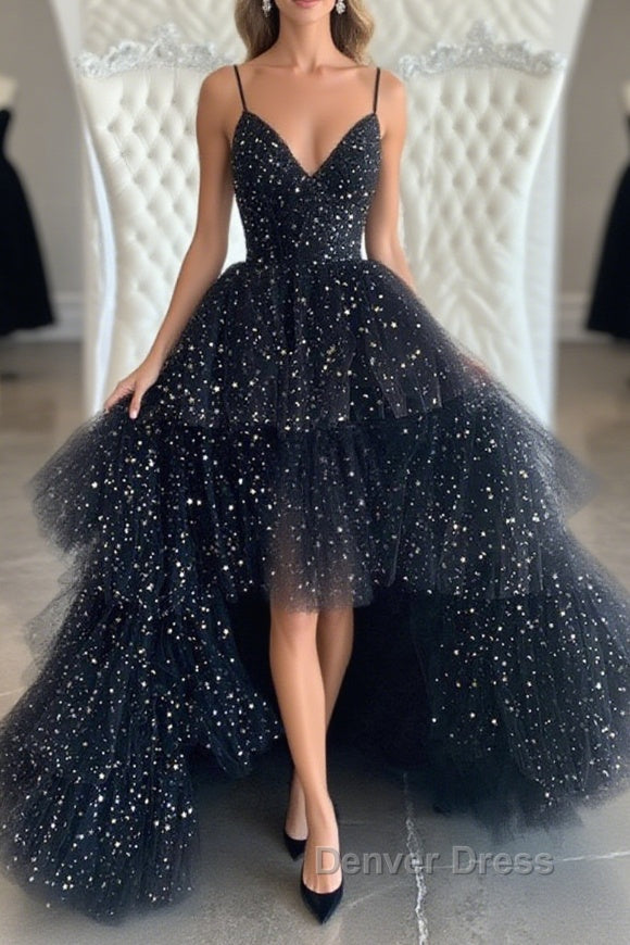 Bling Bling V Neck High Low Black Long Prom Dress, Fluffy Black Prom Dresses, Ball Gowns Main image