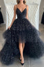 Bling Bling V Neck High Low Black Long Prom Dress, Fluffy Black Prom Dresses, Ball Gowns