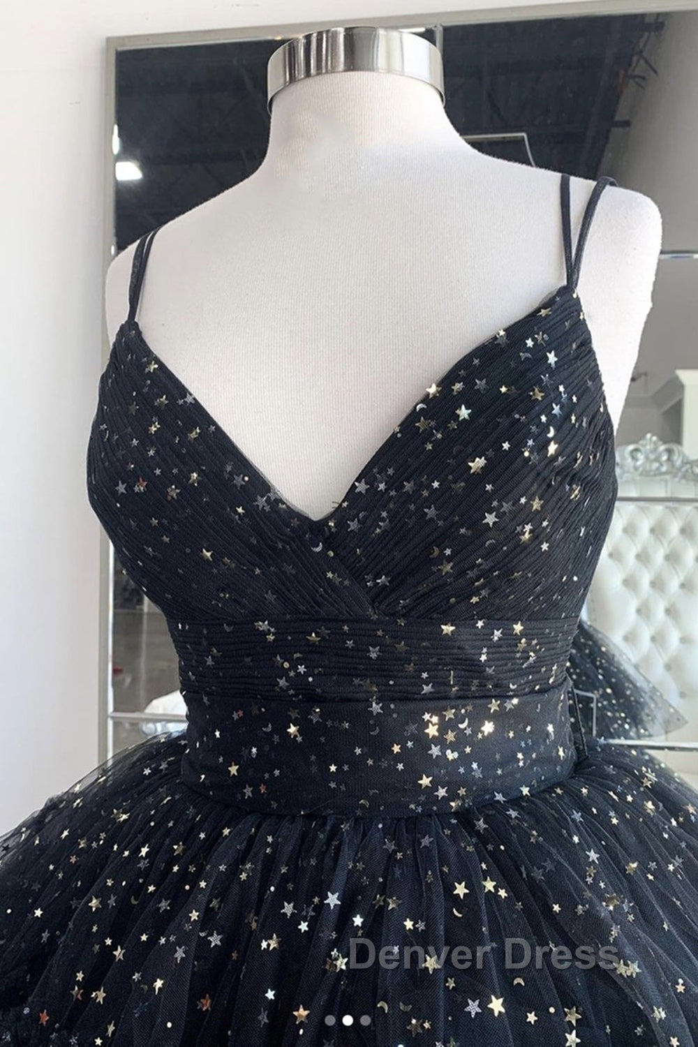 Bling Bling V Neck High Low Black Long Prom Dress, Fluffy Black Prom Dresses, Ball Gowns