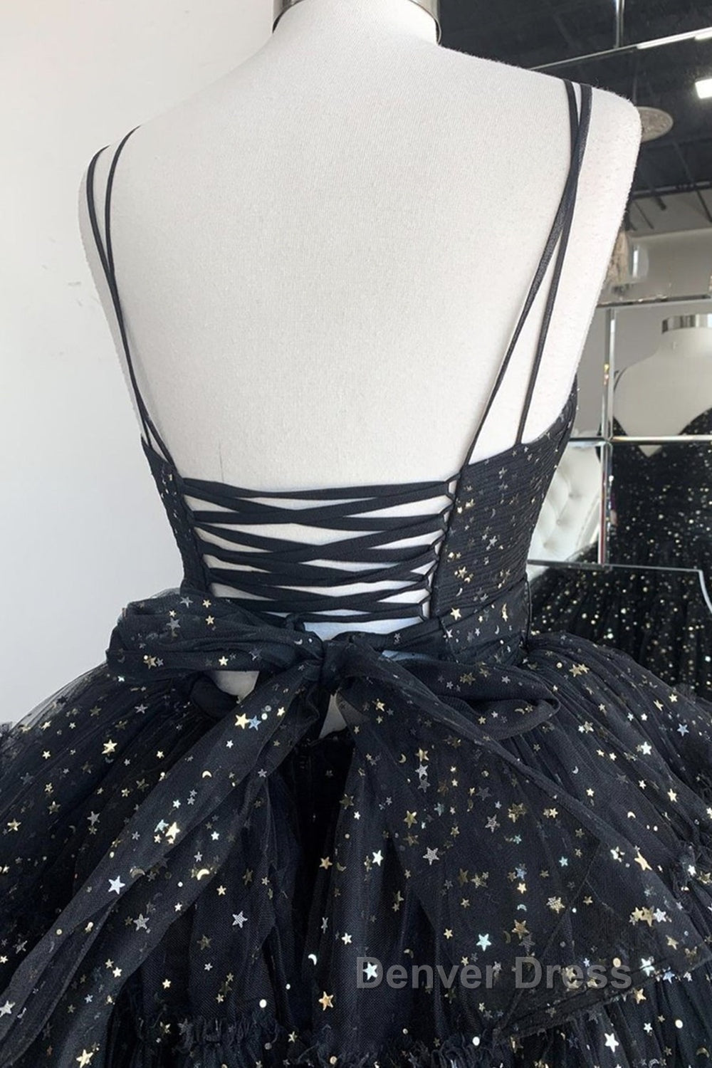 Bling Bling V Neck High Low Black Long Prom Dress, Fluffy Black Prom Dresses, Ball Gowns