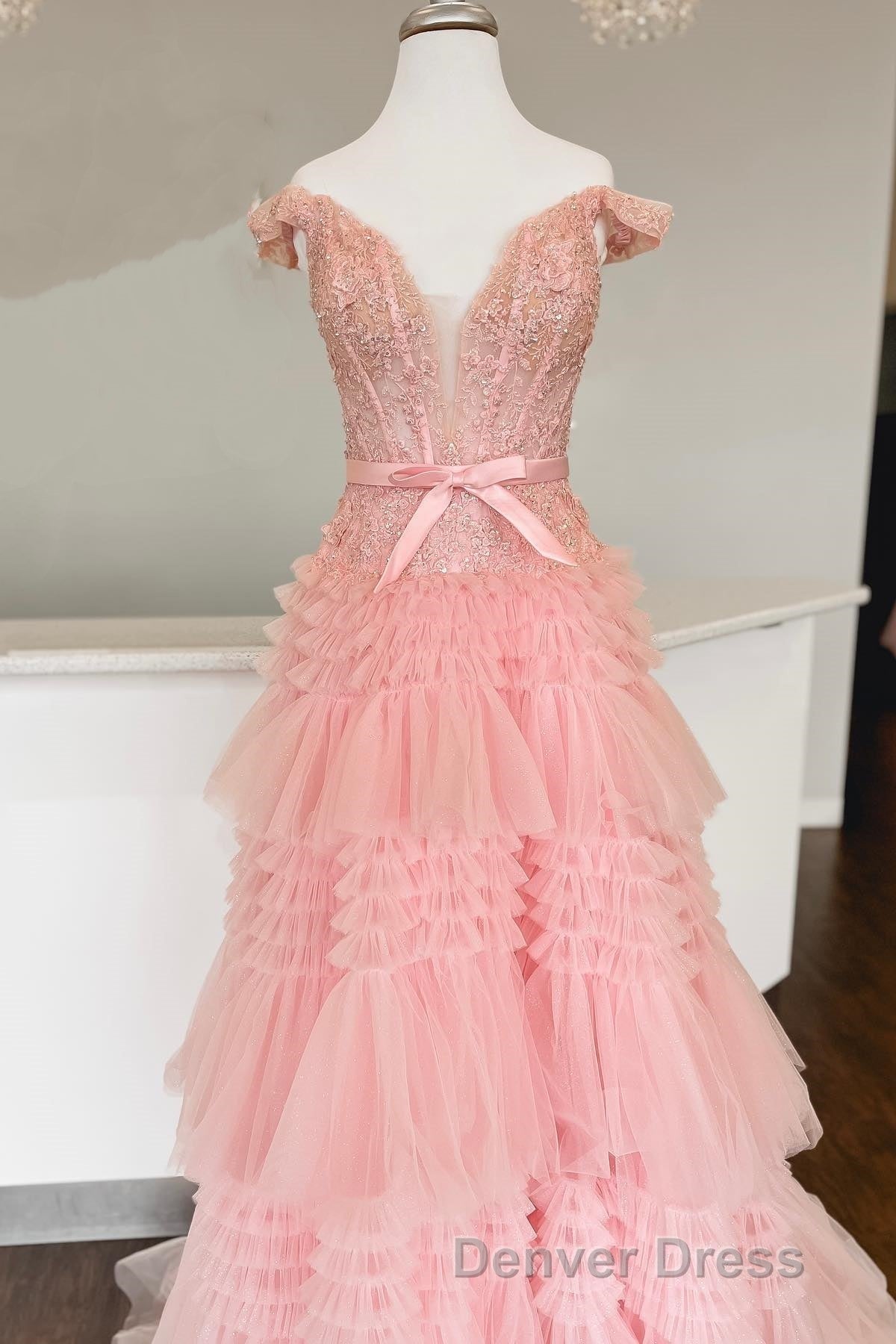 Off the Shoulder Red Appliques Tiered Long Formal Dresses Secondary image