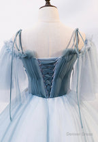 Lovely Spaghetti Strap Blue Long Prom Dresses, Lace Evening Dresses