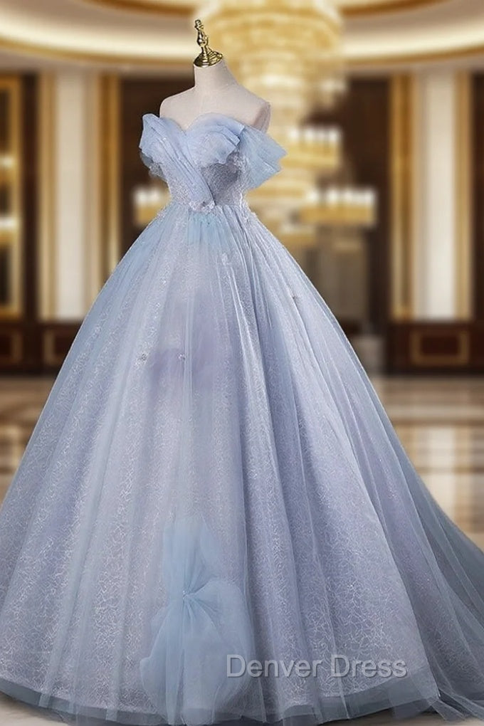 Blue A-Line Off Shoulder Tulle Long Prom Dresses, Blue Formal Dresses Main image