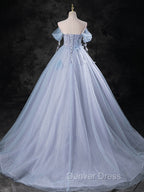 Blue A-Line Off Shoulder Tulle Long Prom Dresses, Blue Formal Dresses