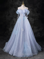 Blue A-Line Off Shoulder Tulle Long Prom Dresses, Blue Formal Dresses