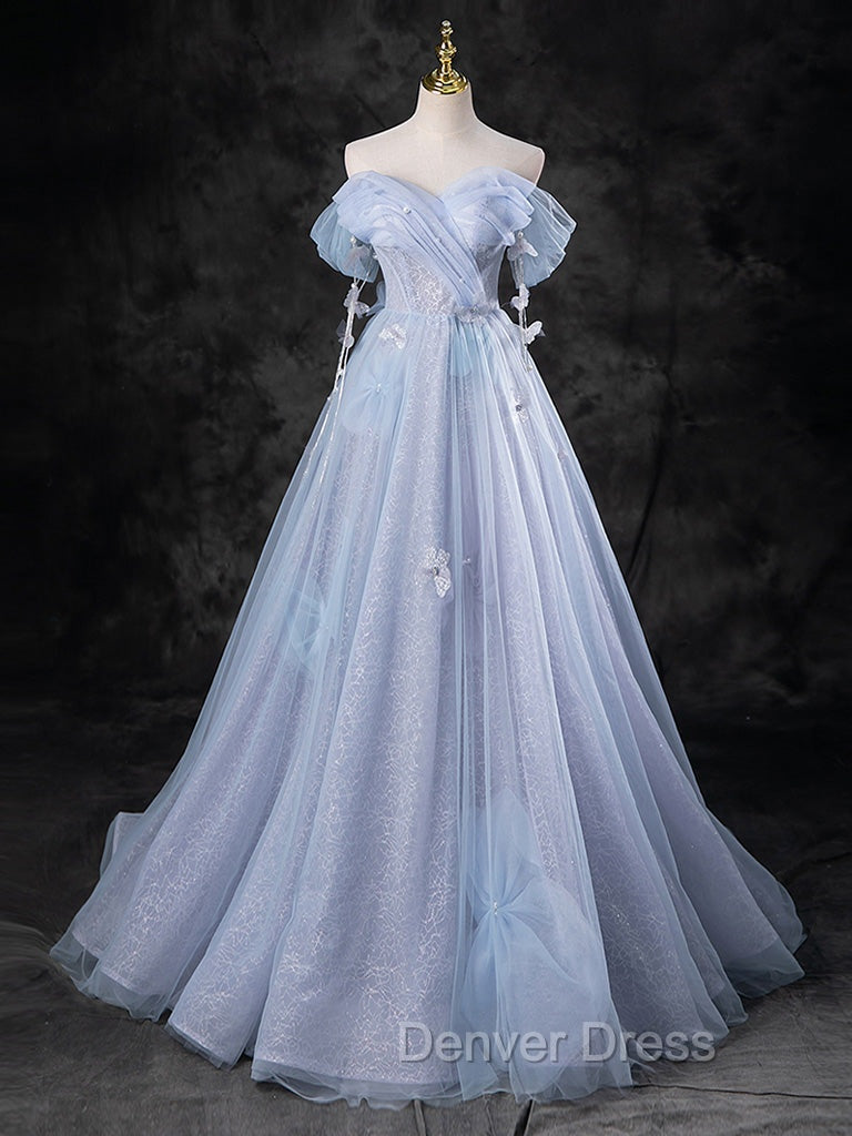Blue A-Line Off Shoulder Tulle Long Prom Dresses, Blue Formal Dresses