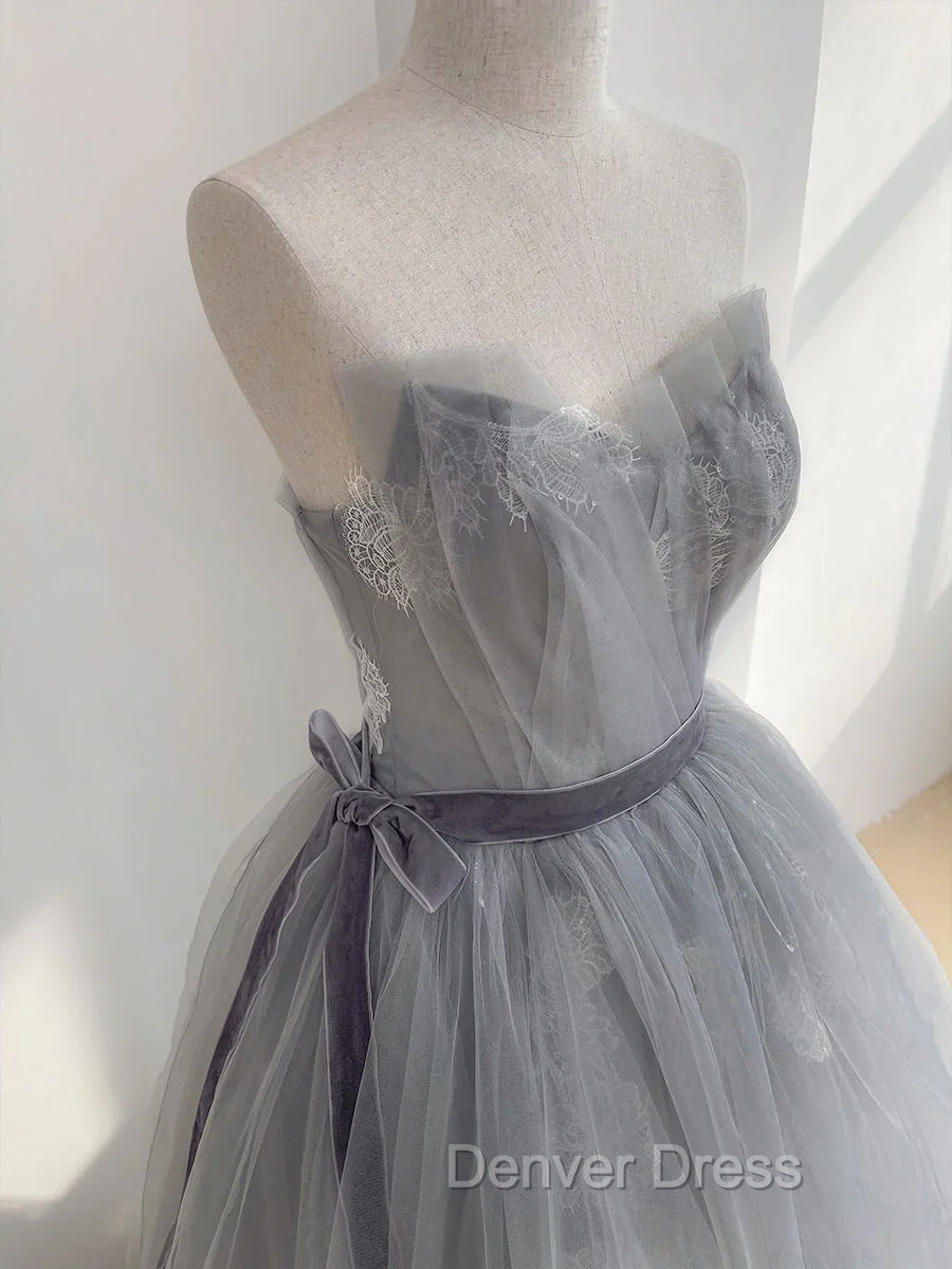 A Line Strapless Appliques Gray Tulle Long Prom Dresses Evening Dresses