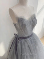 A Line Strapless Appliques Gray Tulle Long Prom Dress