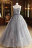 A Line Strapless Appliques Gray Tulle Long Prom Dresses Evening Dresses
