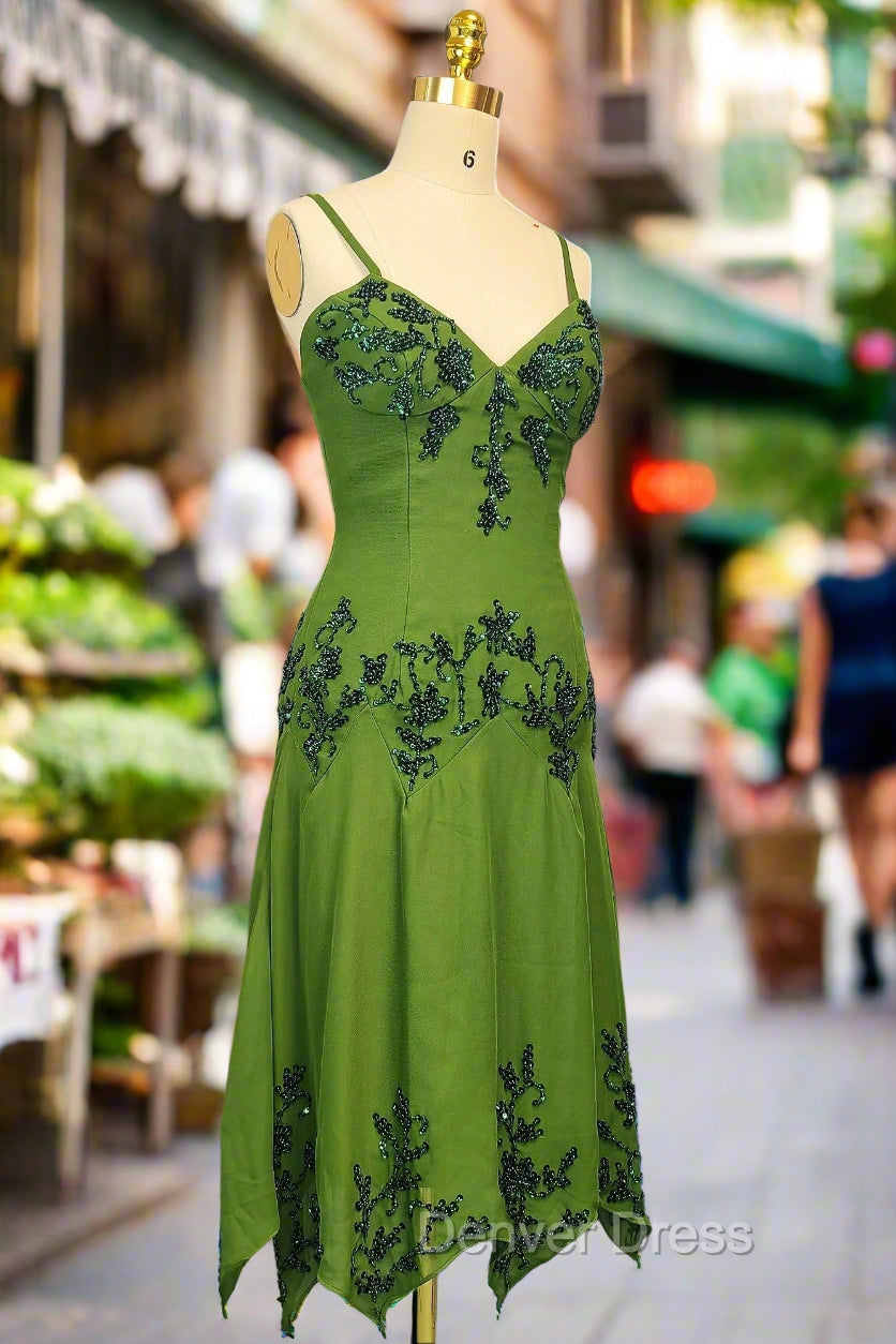 Green A Line Prom Dress Spaghetti Straps Prom Dress Chiffon Prom Dresses