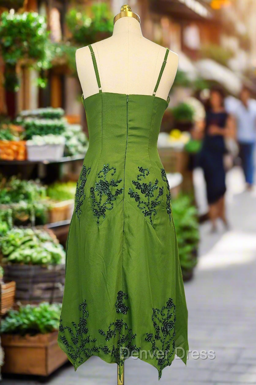 Green A Line Prom Dress Spaghetti Straps Prom Dress Chiffon Prom Dresses