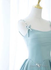 Blue A-Line Satin Beaded Long Prom Dress, Blue Evening Dress Formal Dress