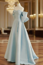 Blue A Line Satin Long Prom Dress, Blue Satin Prom Dresses